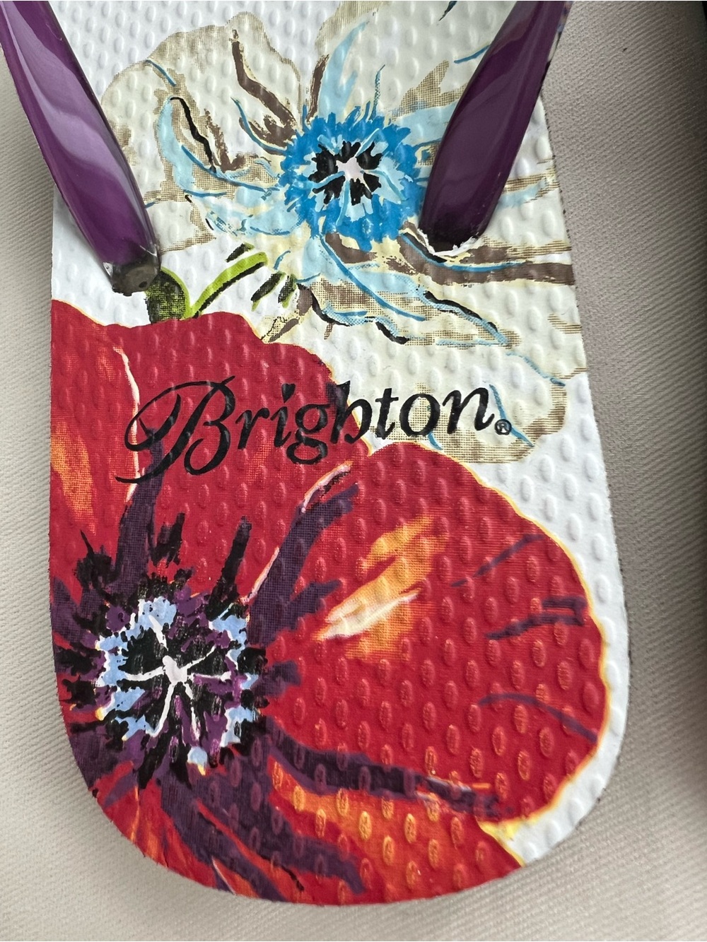 Brighton Floral Flip Flop Sandals in Purple, Yellow & Red - Picture 3 of 10